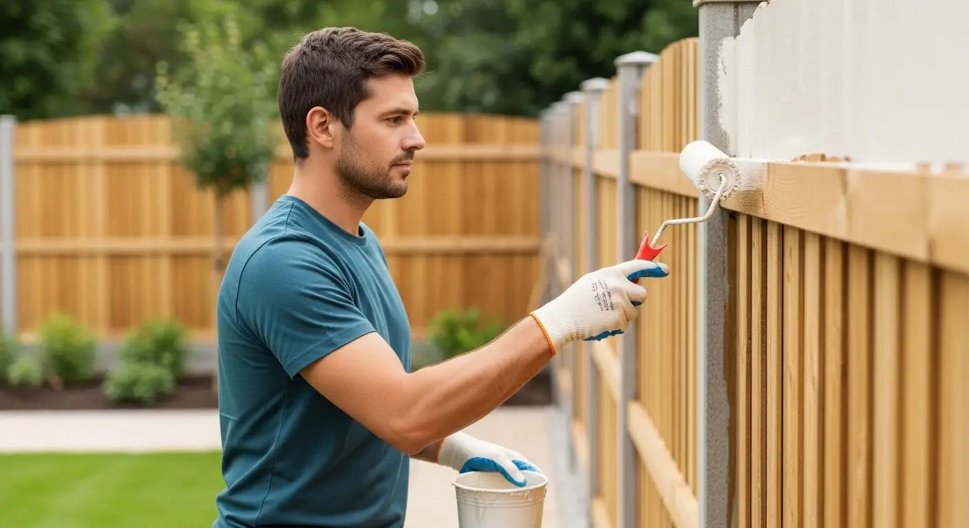 Person staining a wooden fence