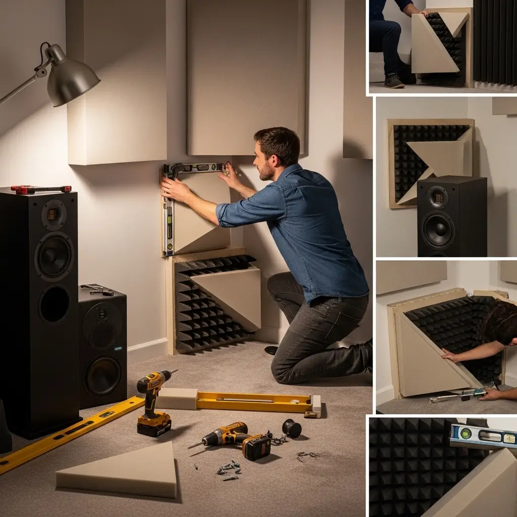 Professional recording studio with bass traps in corners