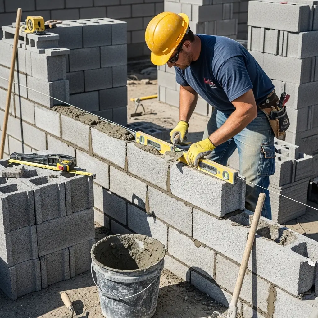 Masonry worker laying a cinder block wall