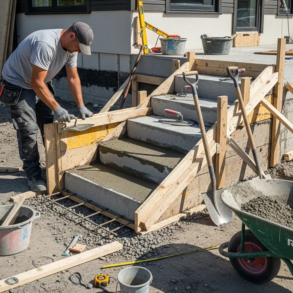 Freshly poured concrete stairs with formwork
