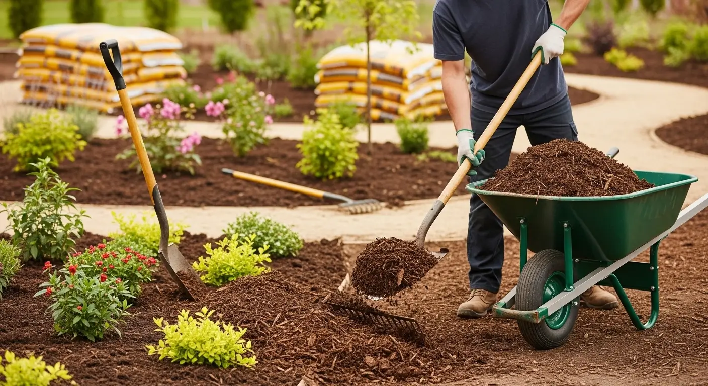 Landscaper spreading mulch in garden