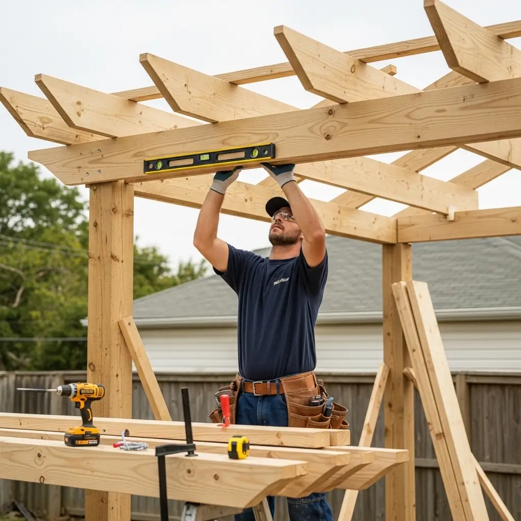 Pergola construction showing rafter installation