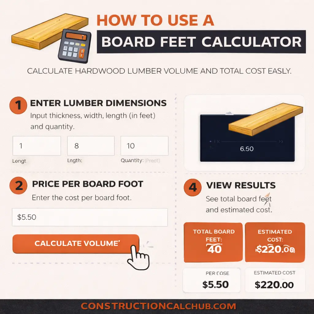 Step by step guide on using the board feet calculator