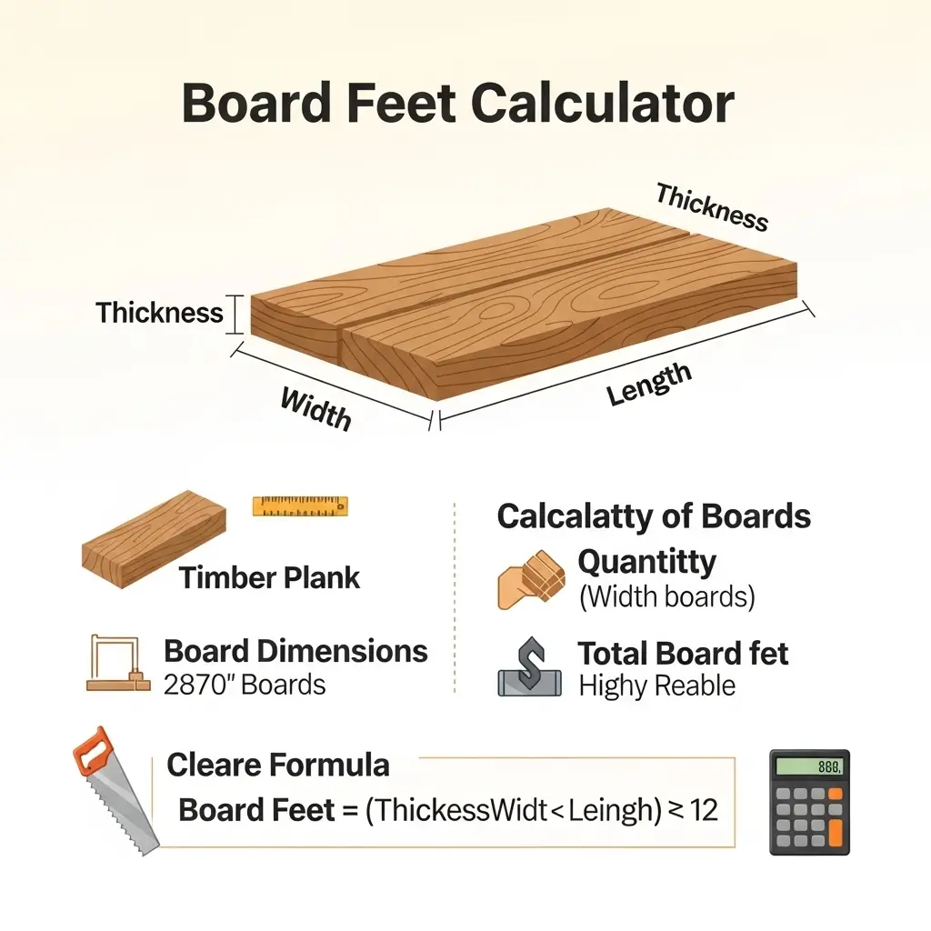 Board feet formula diagram showing thickness, width, and length