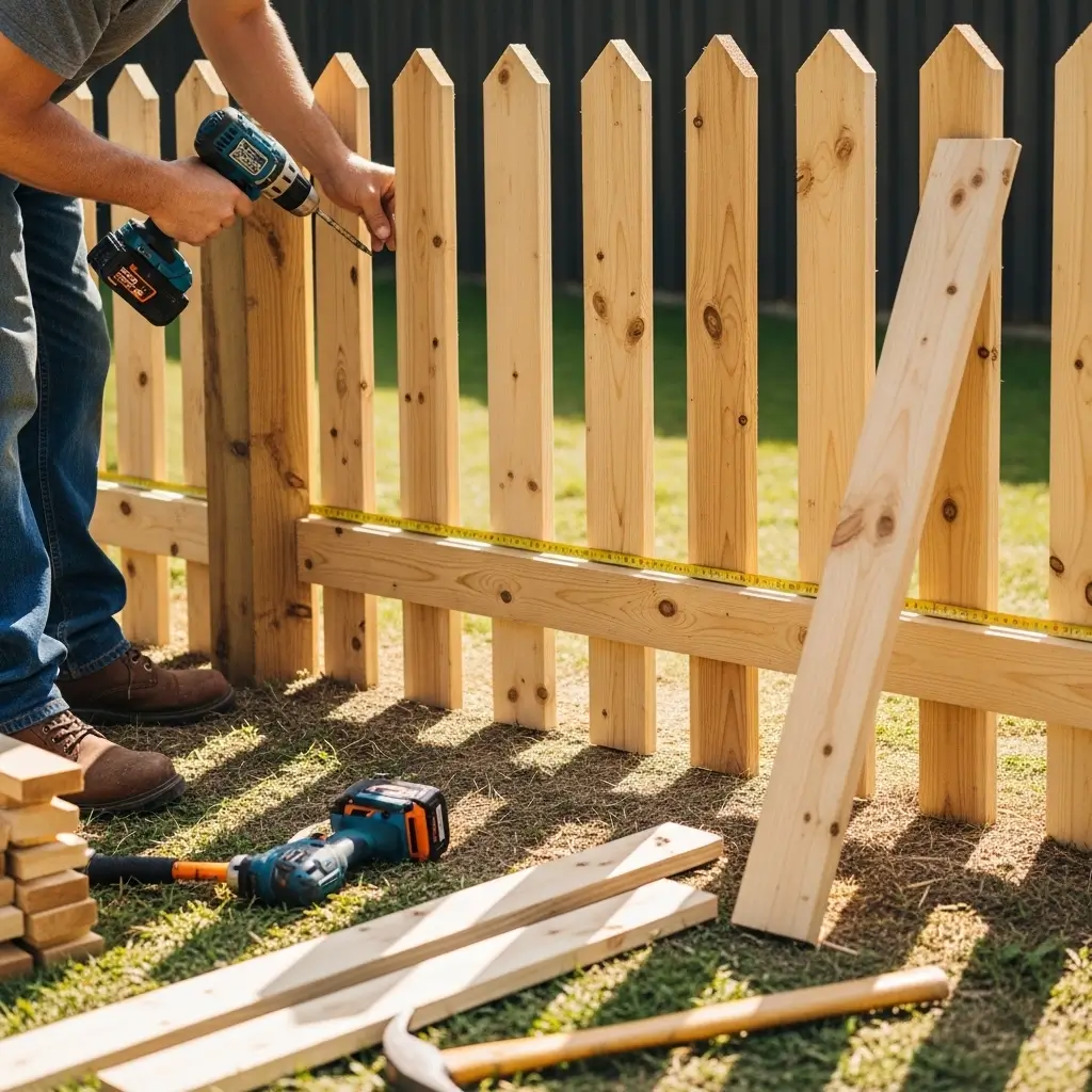 Beautifully stained privacy fence running along a backyard