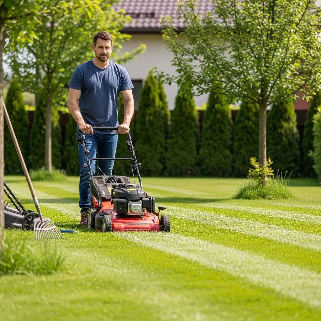 Lawn care professional mowing a backyard