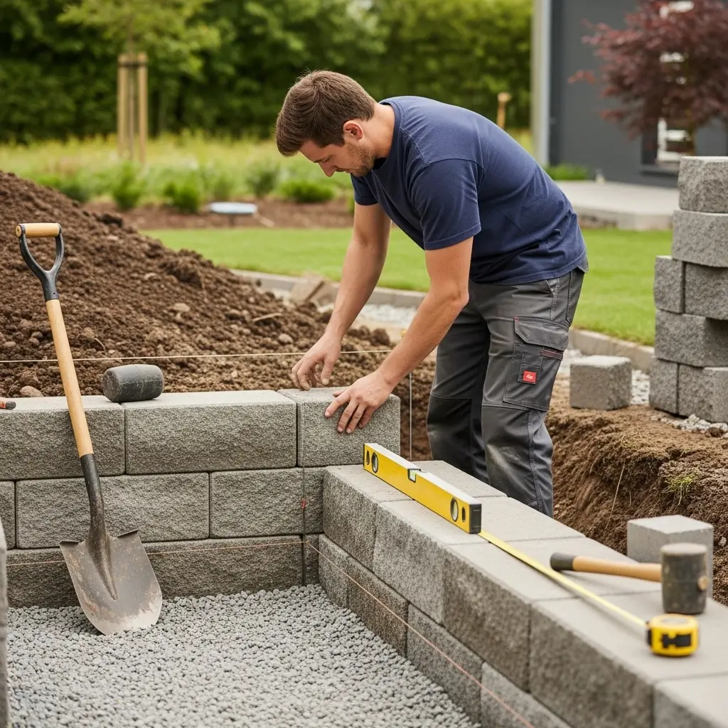 Landscaper building a staggered block retaining wall