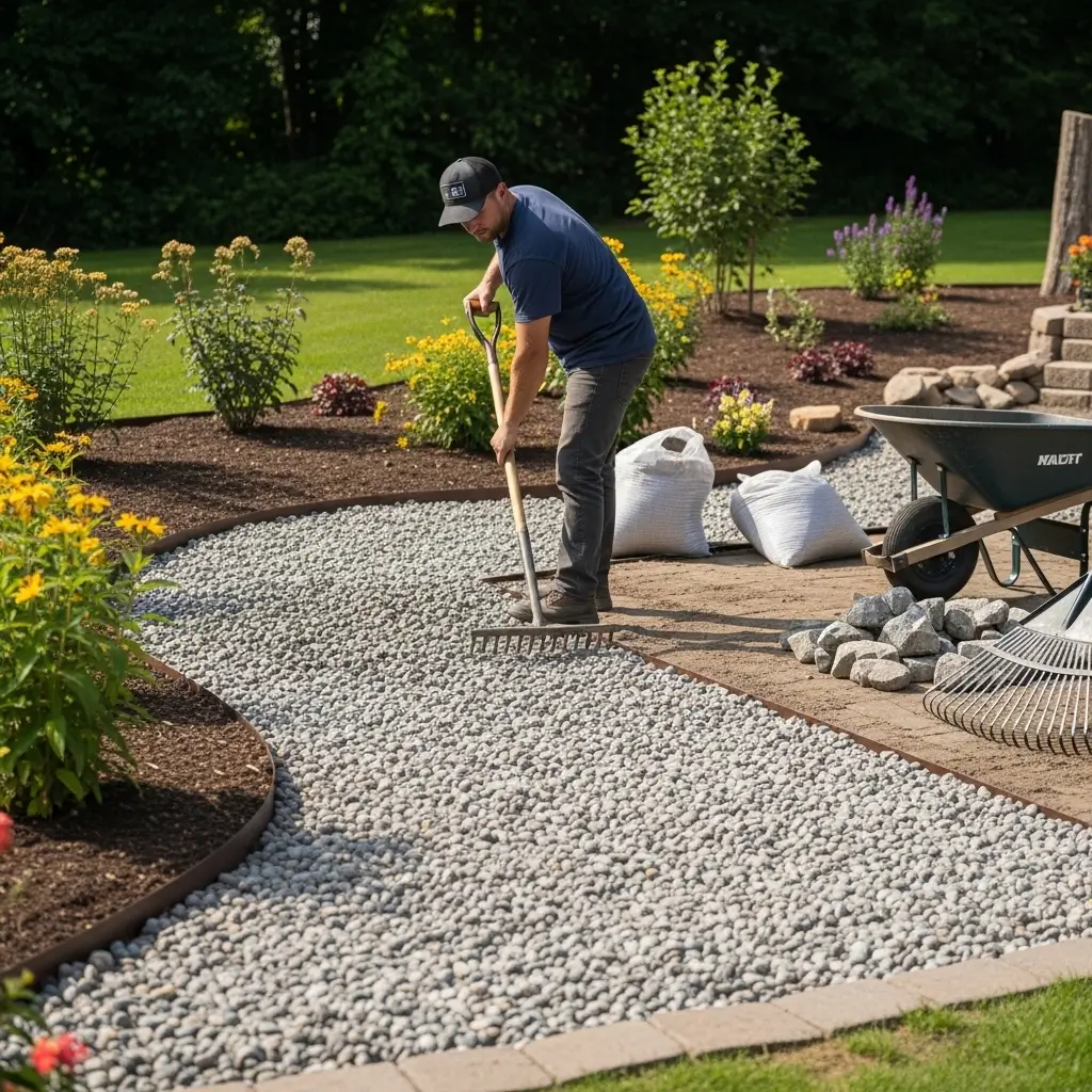 Beautifully landscaped front yard with decorative river rock beds