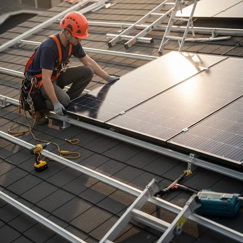 Installed solar panels neatly fitted on an asphalt shingle roof