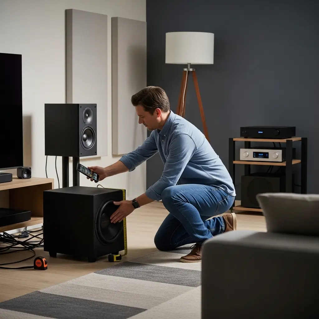 Home theater setup with properly placed subwoofer