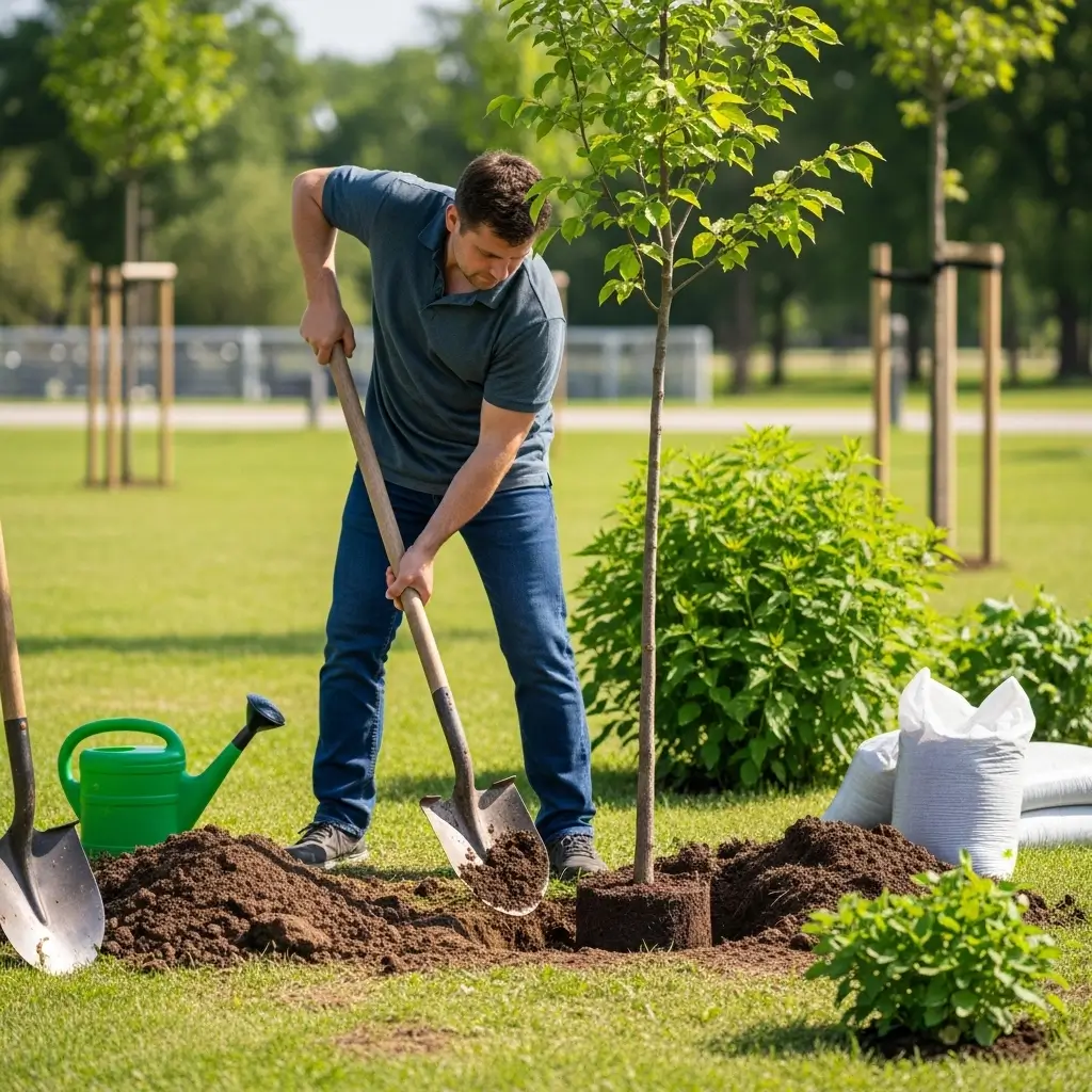 Rows of beautifully spaced fruit trees in a small orchard