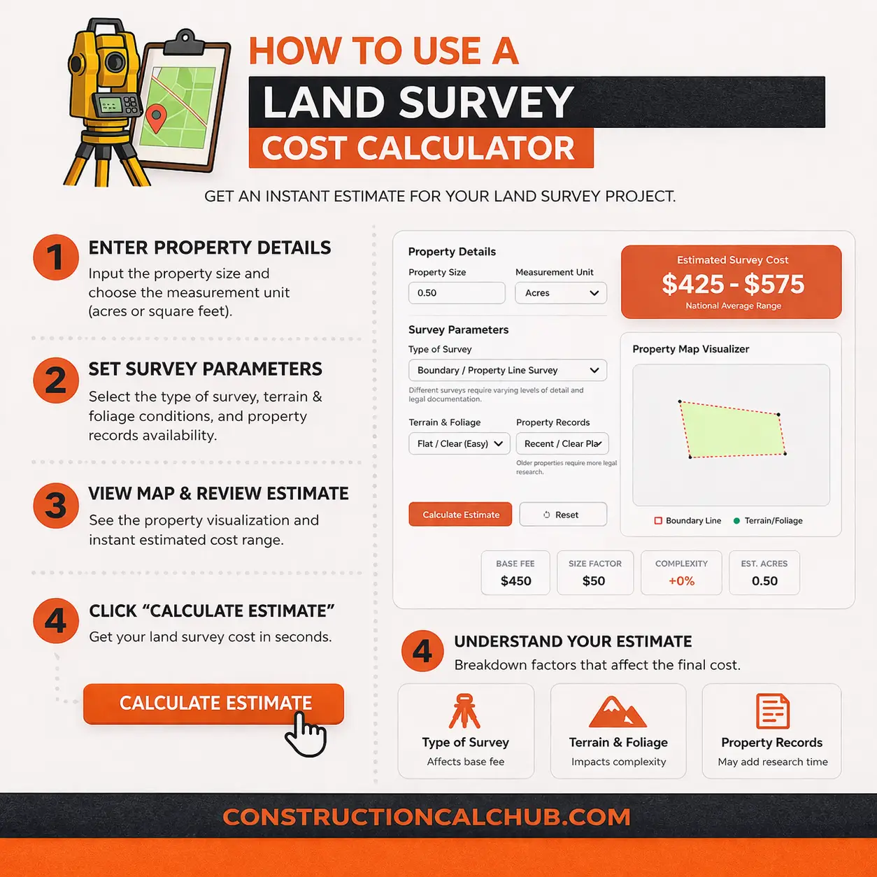 Step by step guide on using the land survey calculator