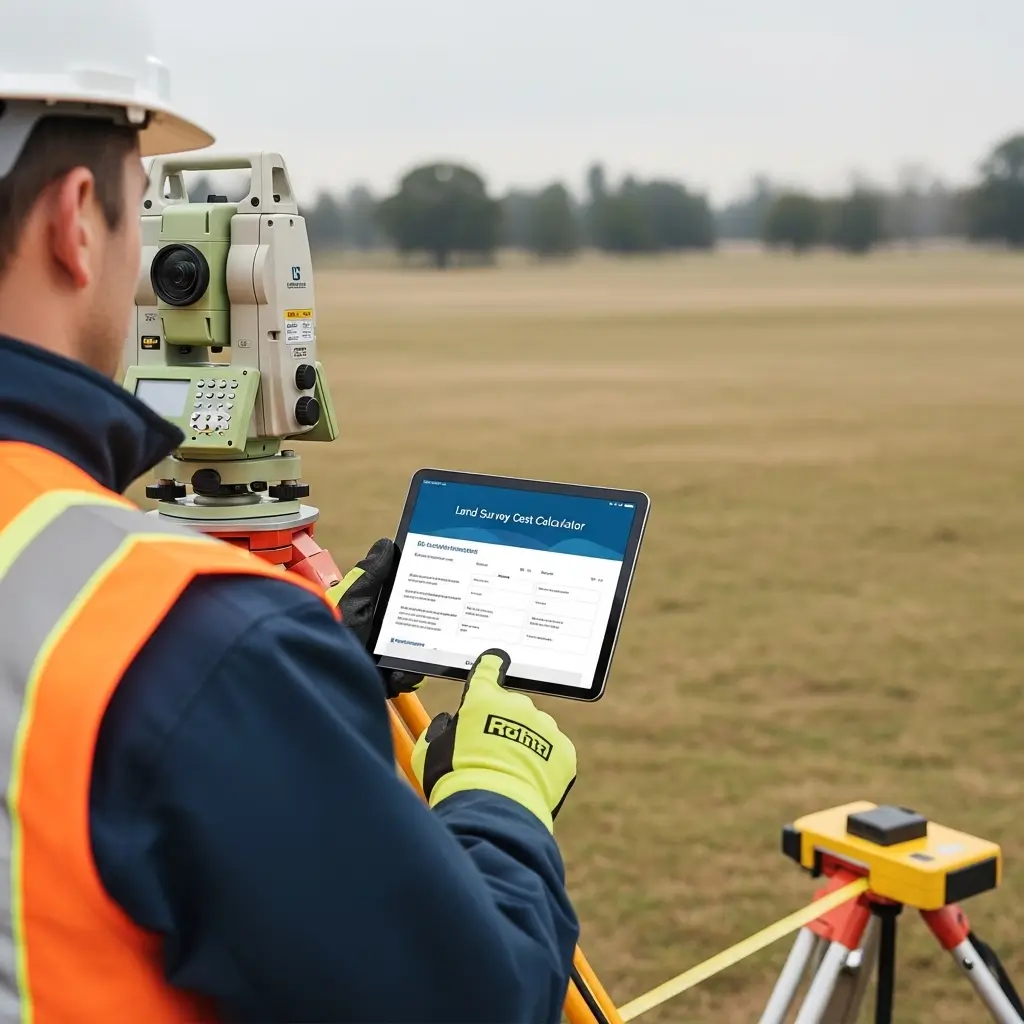 Professional surveyor looking through a total station transit on a field