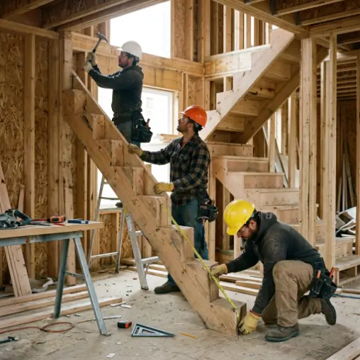 Wood stair stringer framed on a residential building